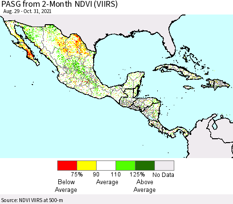 Mexico Central America and the Caribbean PASG from 2-Month NDVI (VIIRS) Thematic Map For 10/24/2021 - 10/31/2021