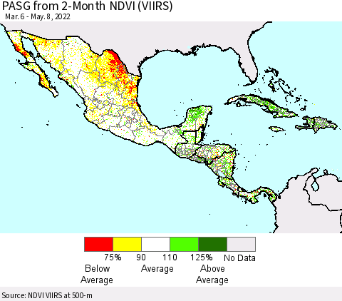 Mexico Central America and the Caribbean PASG from 2-Month NDVI (VIIRS) Thematic Map For 5/1/2022 - 5/8/2022