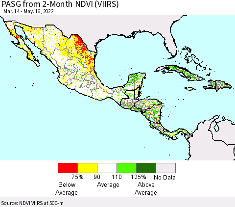 Mexico Central America and the Caribbean PASG from 2-Month NDVI (VIIRS) Thematic Map For 5/9/2022 - 5/16/2022