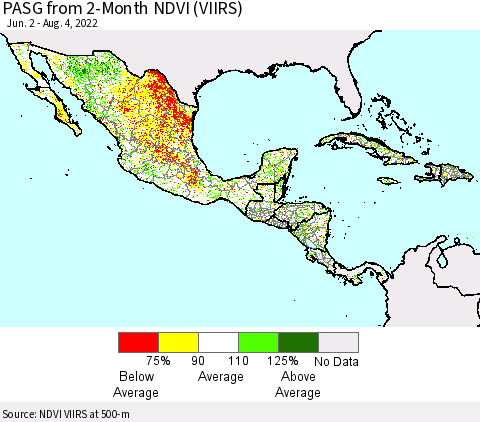 Mexico Central America and the Caribbean PASG from 2-Month NDVI (VIIRS) Thematic Map For 7/28/2022 - 8/4/2022