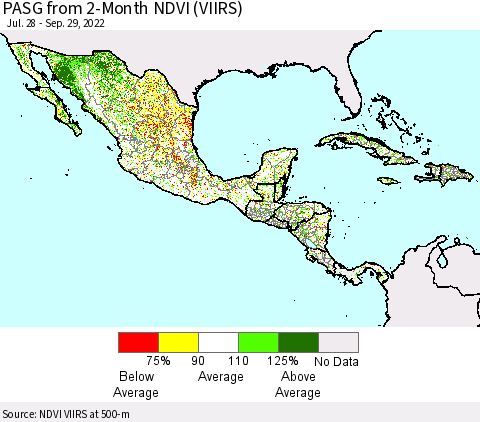 Mexico Central America and the Caribbean PASG from 2-Month NDVI (VIIRS) Thematic Map For 9/22/2022 - 9/29/2022