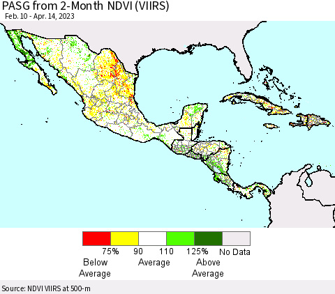 Mexico Central America and the Caribbean PASG from 2-Month NDVI (VIIRS) Thematic Map For 4/7/2023 - 4/14/2023