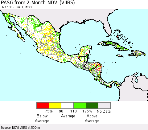 Mexico Central America and the Caribbean PASG from 2-Month NDVI (VIIRS) Thematic Map For 5/25/2023 - 6/1/2023