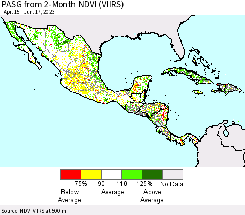 Mexico Central America and the Caribbean PASG from 2-Month NDVI (VIIRS) Thematic Map For 6/10/2023 - 6/17/2023