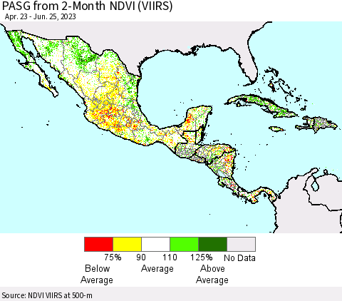 Mexico Central America and the Caribbean PASG from 2-Month NDVI (VIIRS) Thematic Map For 6/18/2023 - 6/25/2023