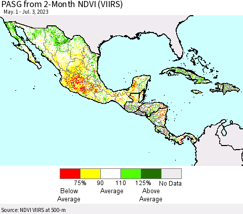Mexico Central America and the Caribbean PASG from 2-Month NDVI (VIIRS) Thematic Map For 6/26/2023 - 7/3/2023
