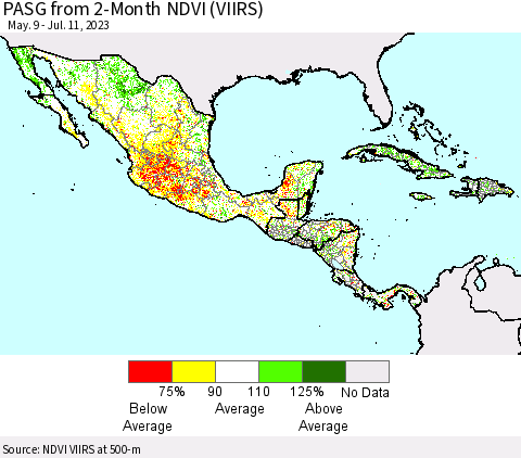Mexico Central America and the Caribbean PASG from 2-Month NDVI (VIIRS) Thematic Map For 7/4/2023 - 7/11/2023