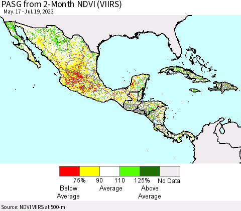 Mexico Central America and the Caribbean PASG from 2-Month NDVI (VIIRS) Thematic Map For 7/12/2023 - 7/19/2023