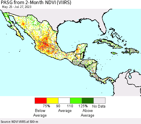 Mexico Central America and the Caribbean PASG from 2-Month NDVI (VIIRS) Thematic Map For 7/20/2023 - 7/27/2023