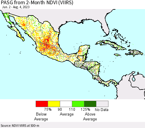 Mexico Central America and the Caribbean PASG from 2-Month NDVI (VIIRS) Thematic Map For 7/28/2023 - 8/4/2023