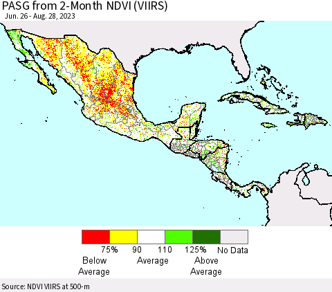 Mexico Central America and the Caribbean PASG from 2-Month NDVI (VIIRS) Thematic Map For 8/21/2023 - 8/28/2023