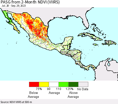 Mexico Central America and the Caribbean PASG from 2-Month NDVI (VIIRS) Thematic Map For 9/22/2023 - 9/29/2023