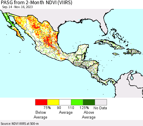 Mexico Central America and the Caribbean PASG from 2-Month NDVI (VIIRS) Thematic Map For 11/9/2023 - 11/16/2023