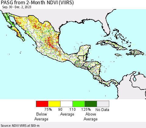 Mexico Central America and the Caribbean PASG from 2-Month NDVI (VIIRS) Thematic Map For 11/25/2023 - 12/2/2023