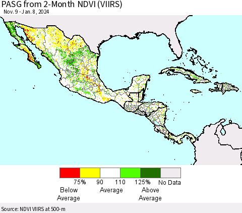 Mexico Central America and the Caribbean PASG from 2-Month NDVI (VIIRS) Thematic Map For 1/1/2024 - 1/8/2024
