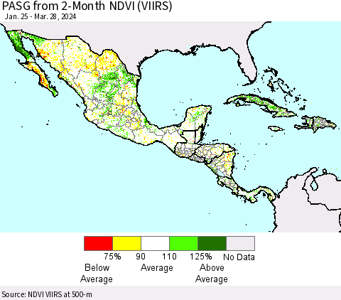 Mexico Central America and the Caribbean PASG from 2-Month NDVI (VIIRS) Thematic Map For 3/21/2024 - 3/28/2024