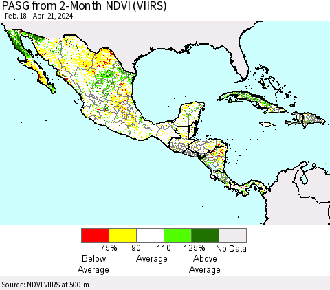 Mexico Central America and the Caribbean PASG from 2-Month NDVI (VIIRS) Thematic Map For 4/14/2024 - 4/21/2024