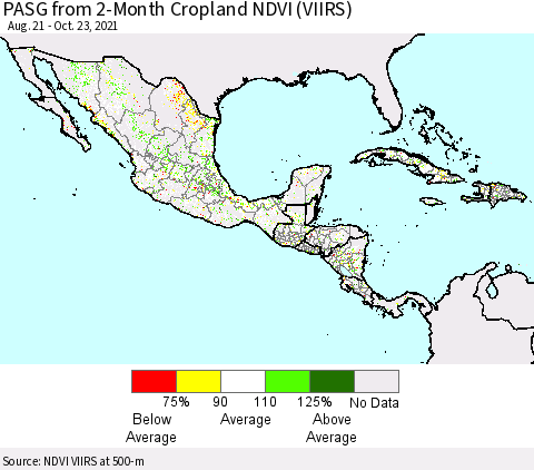 Mexico Central America and the Caribbean PASG from 2-Month Cropland NDVI (VIIRS) Thematic Map For 10/16/2021 - 10/23/2021
