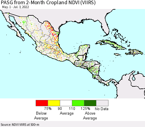 Mexico Central America and the Caribbean PASG from 2-Month Cropland NDVI (VIIRS) Thematic Map For 6/26/2022 - 7/3/2022