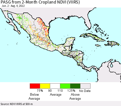 Mexico Central America and the Caribbean PASG from 2-Month Cropland NDVI (VIIRS) Thematic Map For 7/28/2022 - 8/4/2022