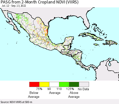 Mexico Central America and the Caribbean PASG from 2-Month Cropland NDVI (VIIRS) Thematic Map For 9/6/2022 - 9/13/2022