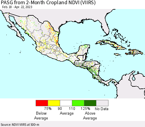 Mexico Central America and the Caribbean PASG from 2-Month Cropland NDVI (VIIRS) Thematic Map For 4/15/2023 - 4/22/2023