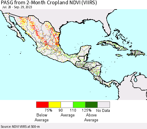 Mexico Central America and the Caribbean PASG from 2-Month Cropland NDVI (VIIRS) Thematic Map For 9/22/2023 - 9/29/2023