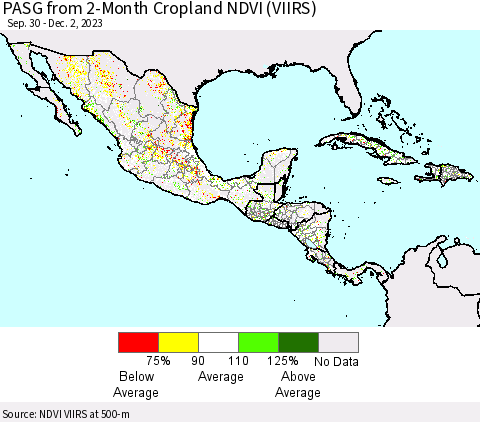 Mexico Central America and the Caribbean PASG from 2-Month Cropland NDVI (VIIRS) Thematic Map For 11/25/2023 - 12/2/2023