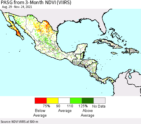 Mexico Central America and the Caribbean PASG from 3-Month NDVI (VIIRS) Thematic Map For 11/17/2021 - 11/24/2021