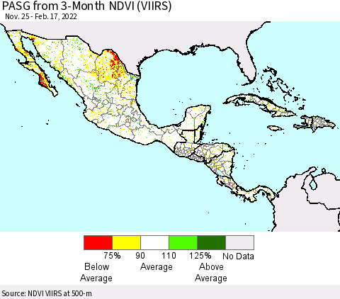 Mexico Central America and the Caribbean PASG from 3-Month NDVI (VIIRS) Thematic Map For 2/10/2022 - 2/17/2022