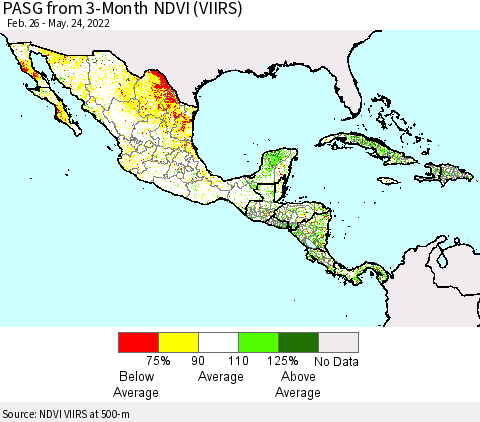 Mexico Central America and the Caribbean PASG from 3-Month NDVI (VIIRS) Thematic Map For 5/17/2022 - 5/24/2022