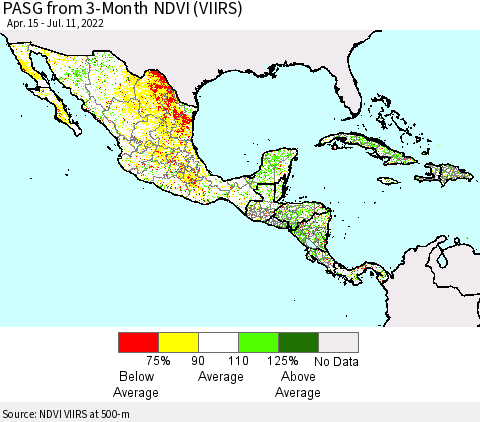 Mexico Central America and the Caribbean PASG from 3-Month NDVI (VIIRS) Thematic Map For 7/4/2022 - 7/11/2022