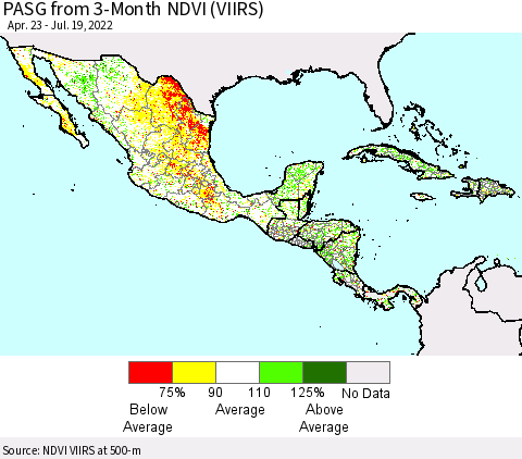 Mexico Central America and the Caribbean PASG from 3-Month NDVI (VIIRS) Thematic Map For 7/12/2022 - 7/19/2022