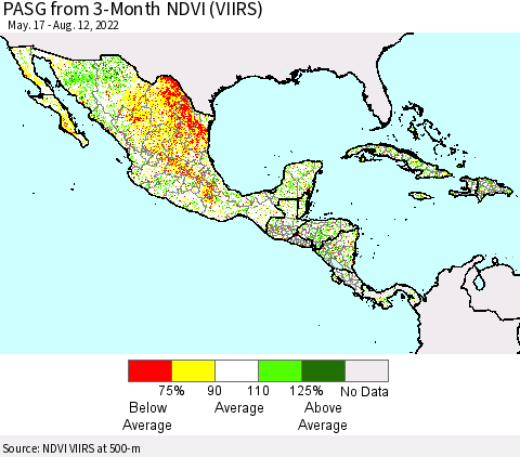 Mexico Central America and the Caribbean PASG from 3-Month NDVI (VIIRS) Thematic Map For 8/5/2022 - 8/12/2022