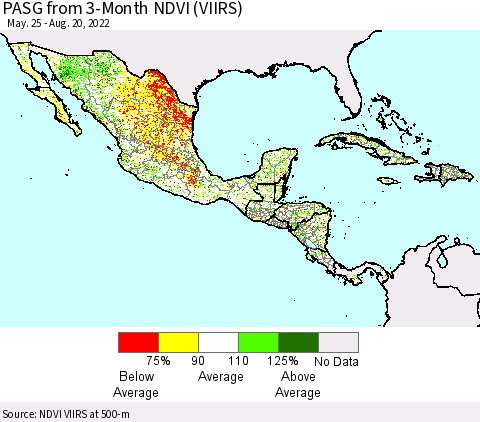 Mexico Central America and the Caribbean PASG from 3-Month NDVI (VIIRS) Thematic Map For 8/13/2022 - 8/20/2022