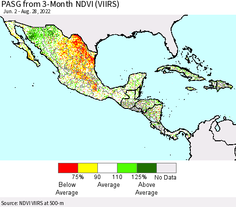 Mexico Central America and the Caribbean PASG from 3-Month NDVI (VIIRS) Thematic Map For 8/21/2022 - 8/28/2022