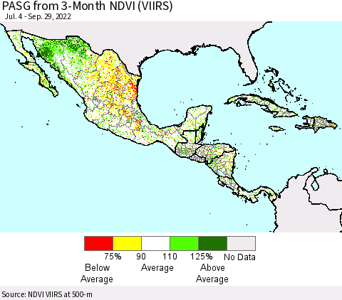 Mexico Central America and the Caribbean PASG from 3-Month NDVI (VIIRS) Thematic Map For 9/22/2022 - 9/29/2022