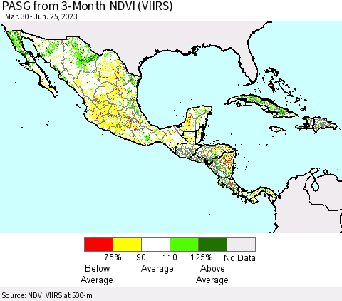 Mexico Central America and the Caribbean PASG from 3-Month NDVI (VIIRS) Thematic Map For 6/18/2023 - 6/25/2023