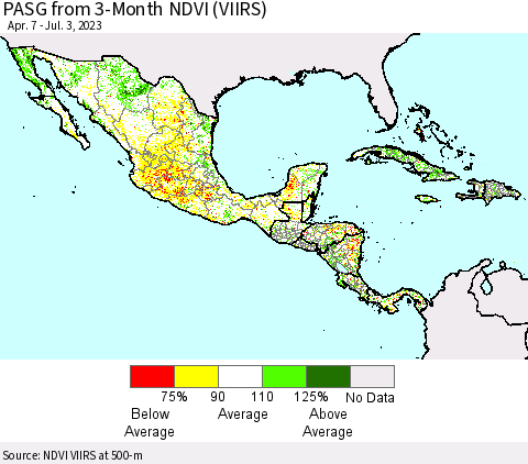 Mexico Central America and the Caribbean PASG from 3-Month NDVI (VIIRS) Thematic Map For 6/26/2023 - 7/3/2023