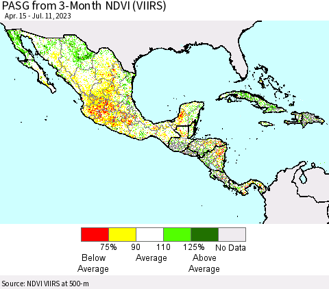 Mexico Central America and the Caribbean PASG from 3-Month NDVI (VIIRS) Thematic Map For 7/4/2023 - 7/11/2023