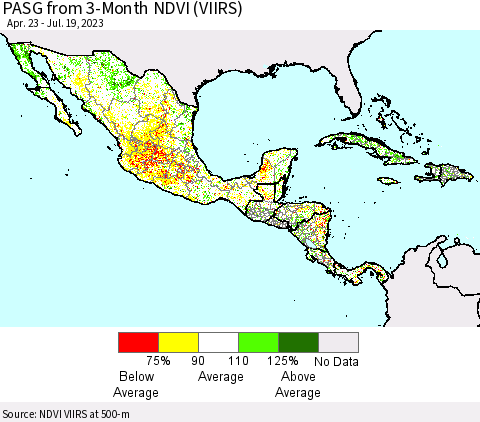 Mexico Central America and the Caribbean PASG from 3-Month NDVI (VIIRS) Thematic Map For 7/12/2023 - 7/19/2023