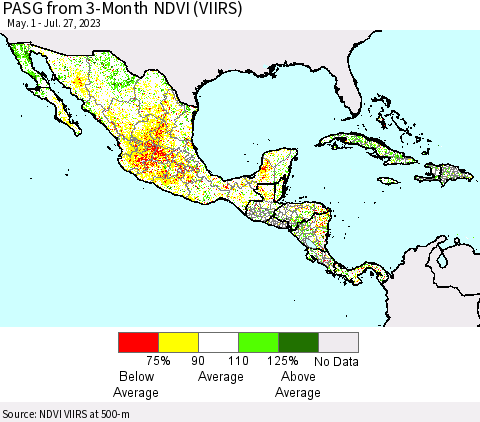 Mexico Central America and the Caribbean PASG from 3-Month NDVI (VIIRS) Thematic Map For 7/20/2023 - 7/27/2023