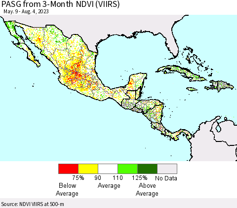 Mexico Central America and the Caribbean PASG from 3-Month NDVI (VIIRS) Thematic Map For 7/28/2023 - 8/4/2023