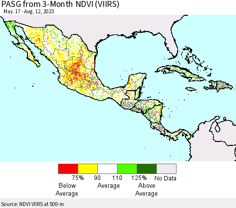 Mexico Central America and the Caribbean PASG from 3-Month NDVI (VIIRS) Thematic Map For 8/5/2023 - 8/12/2023