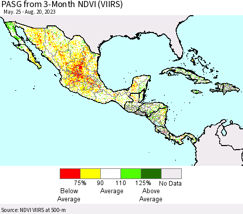 Mexico Central America and the Caribbean PASG from 3-Month NDVI (VIIRS) Thematic Map For 8/13/2023 - 8/20/2023