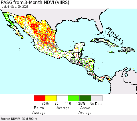 Mexico Central America and the Caribbean PASG from 3-Month NDVI (VIIRS) Thematic Map For 9/22/2023 - 9/29/2023