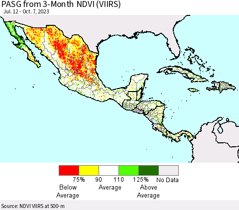 Mexico Central America and the Caribbean PASG from 3-Month NDVI (VIIRS) Thematic Map For 9/30/2023 - 10/7/2023