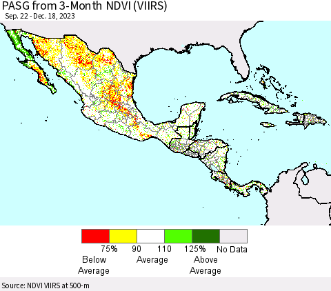 Mexico Central America and the Caribbean PASG from 3-Month NDVI (VIIRS) Thematic Map For 12/11/2023 - 12/18/2023