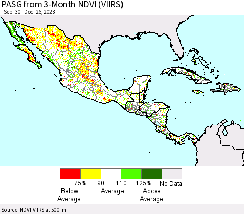 Mexico Central America and the Caribbean PASG from 3-Month NDVI (VIIRS) Thematic Map For 12/19/2023 - 12/26/2023