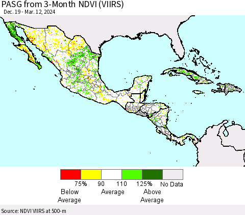 Mexico Central America and the Caribbean PASG from 3-Month NDVI (VIIRS) Thematic Map For 3/5/2024 - 3/12/2024